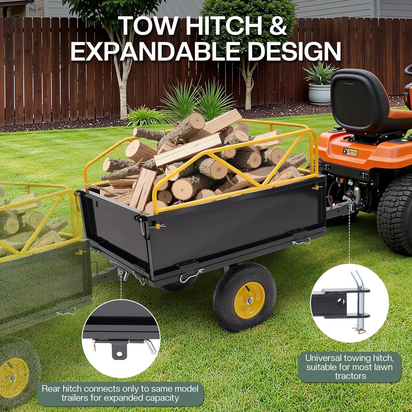 Jocisland Garden Utility Trailer, 500Lbs 12 Cu.Ft ATV UTV Trailer Tow Behind Dump Cart with Removable Sides, Rear Hitch & Convenient Handle, Outdoor Lawn Mower Cart for Tractor