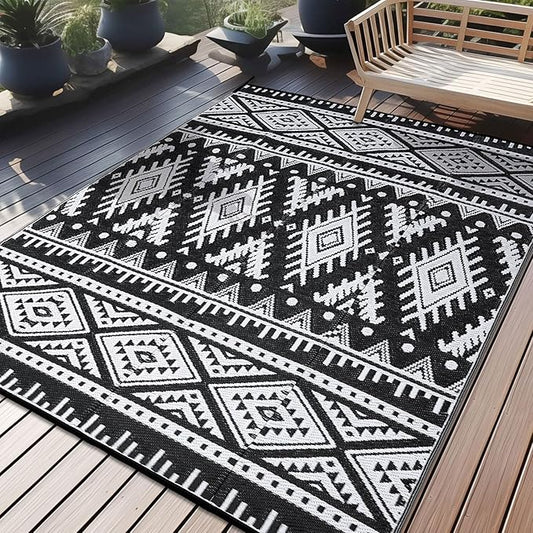 OLANLY Outdoor Rug Waterproof 10x14 ft, Reversible Outdoor Plastic Straw Rug, Boho Patio Rug, Indoor Outdoor Carpet, RV Mat Outside for Patio, Camp, Picnic, Balcony, Deck, Backyard, Black & White