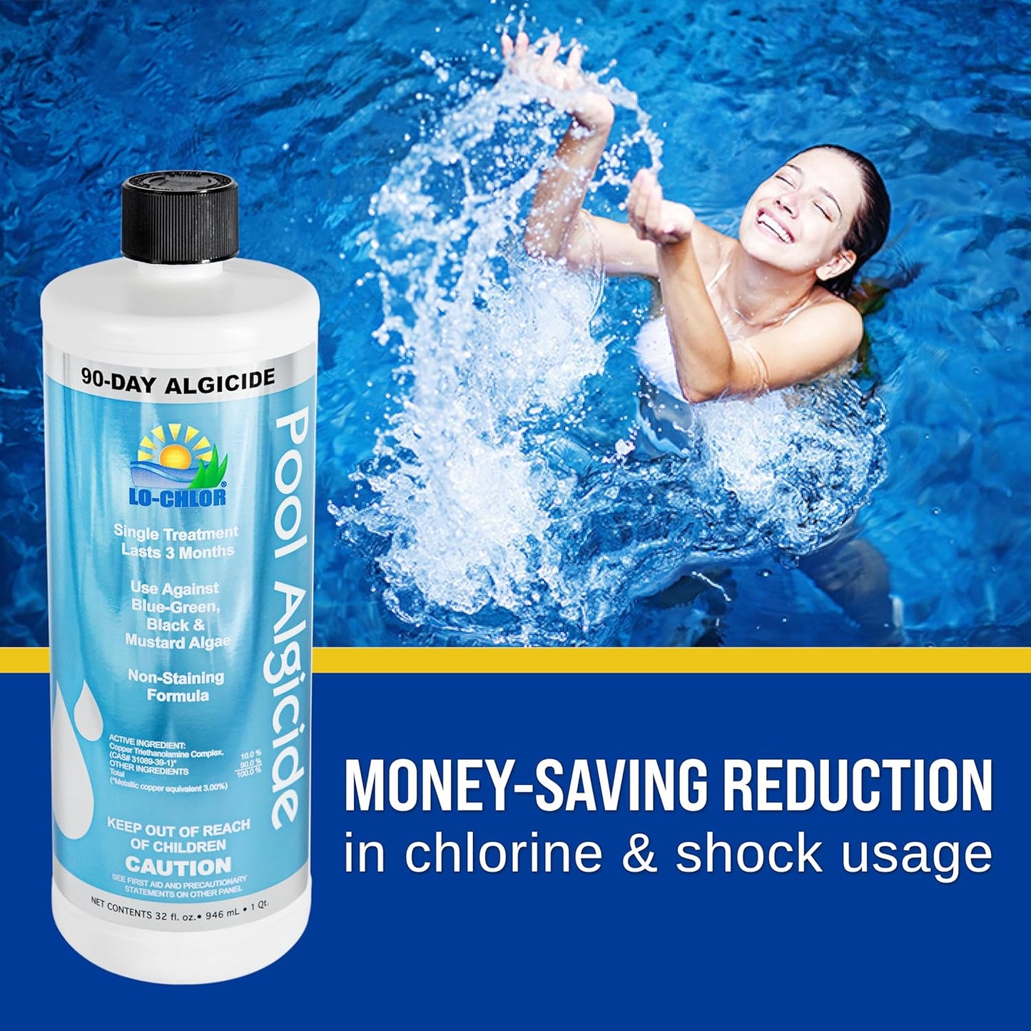Pool Algaecide for Swimming Pools -Single Treatment Lasts 3 Months, Effective Algaecide for Pool with Unique Organo-Copper Complex - Black, Mustard, and Green Algae Killer for Pools (32 Oz)