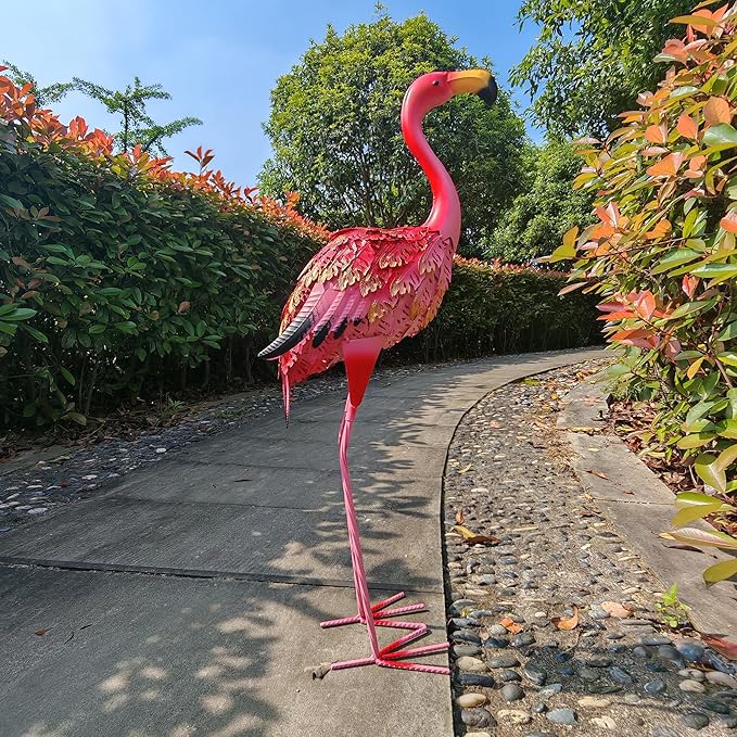 Garden Statues Flamingo Sculptures Metal Yard Art, Pink Bird Art Outdoor Backyard Decor Patio Lawn Porch Ornament Flamingo Yard Decoration (Red with Gold)