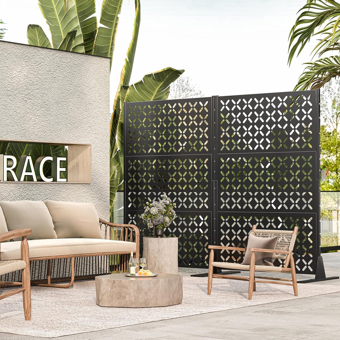 Metal Privacy Screen Outdoor, 72" H Freestanding Privacy Fence with Sturdy Stands, Decorative Privacy Panels Shield for Courtyard, Balcony, Garden and Other Indoor Places(X-Shaped-Fence)