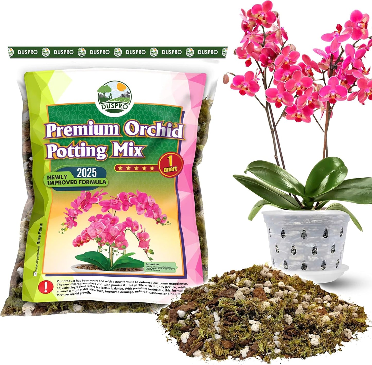 [Upgraded] DUSPRO Orchid Potting Mix for Repotting with Forest Moss, Pine Bark,Perlite & Pumice,Orchid Bark Potting Mix,Orchid Repotting Soil, Drainage Indoor Potting, Orchid Pot Not Included,1 Quart