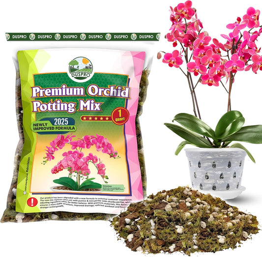 [Upgraded] DUSPRO Orchid Potting Mix for Repotting with Forest Moss, Pine Bark,Perlite & Pumice,Orchid Bark Potting Mix,Orchid Repotting Soil, Drainage Indoor Potting, Orchid Pot Not Included,1 Quart