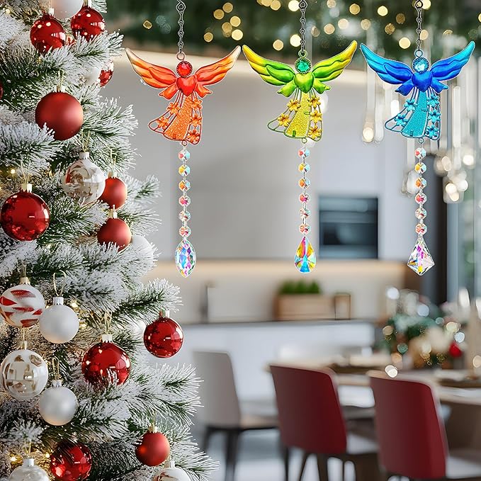 Set of 3 Guardian Angel Suncatchers, Crystal Angel Sun Catcher for Windows Hanging, Stained Glass Angel Ornament for Outdoor Christmas Decor
