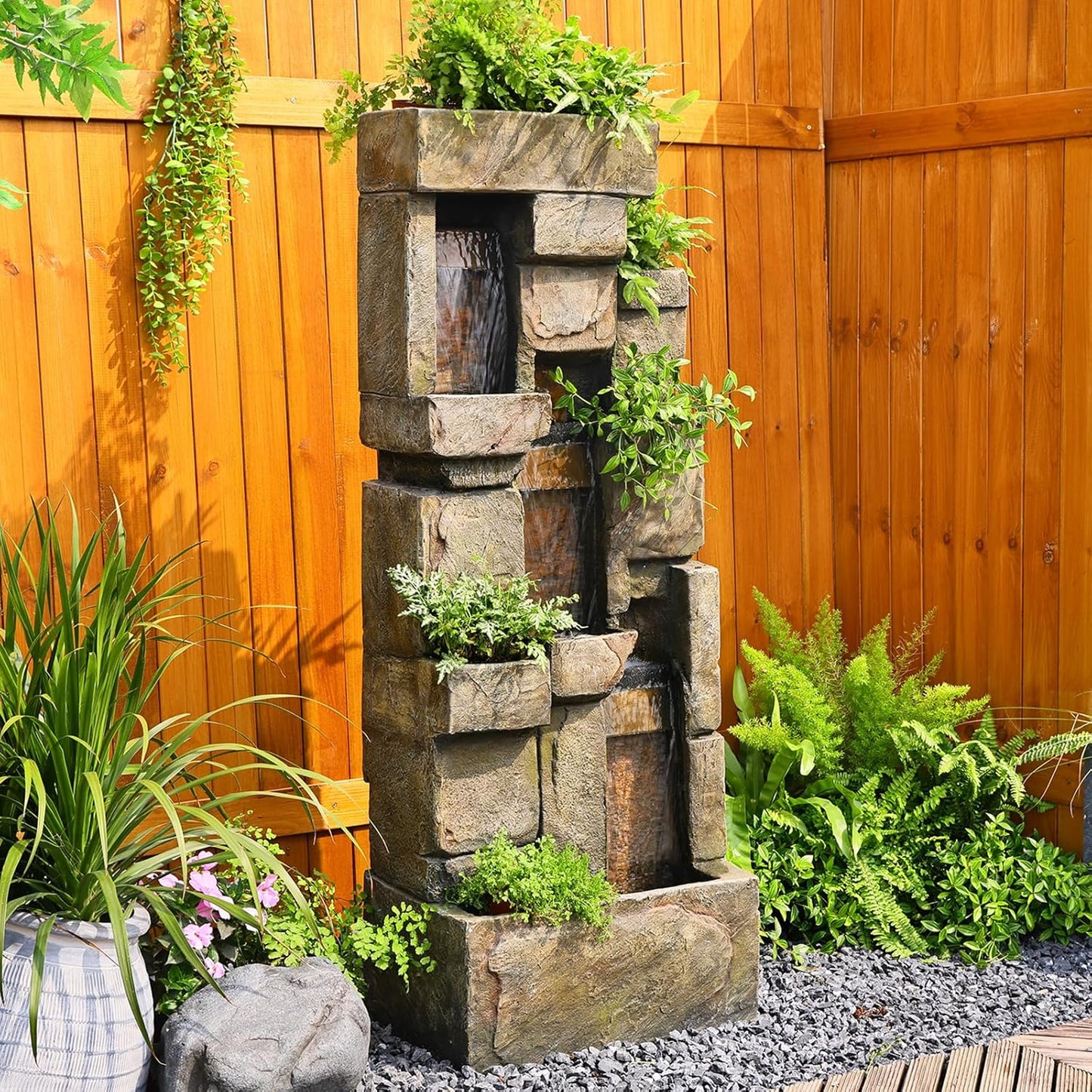 Garden Outdoor Water Fountain, 56.3" H 3-Tiered Imitation Rock Waterfall Fountain with LED Lights and Pumps for Garden, Patio, Backyard, Deck, Porch and Home Art Decor