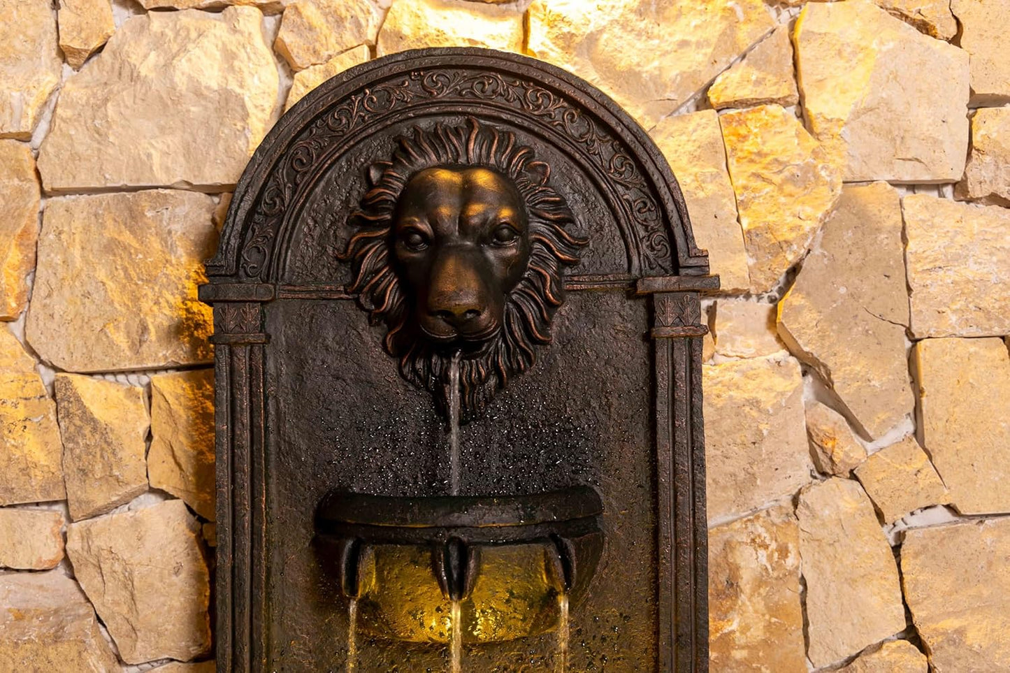 Lion Head Wall Fountain – Outdoor/Indoor Wall-Mounted Waterfall Fountain with LED Lights, Decorative Stone Resin Lion Statue for Garden, Patio, Yard, Modern Wall Decor(Bronze Color)
