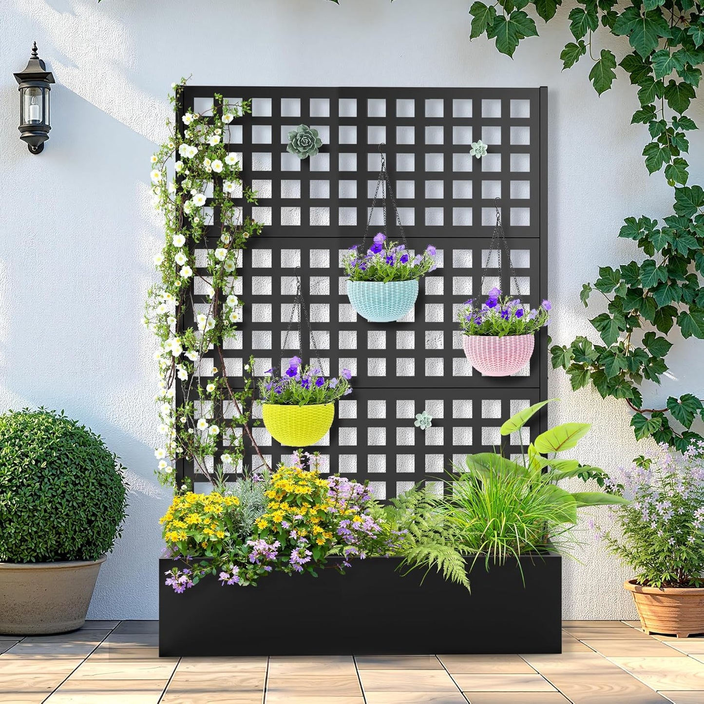 Metal Raised Garden Bed with Trellis, 2 in 1 Trellis with Planter Box & Privacy Screen for Climbing Plants, Vine, Outdoor Standing Flower Beds with Drainage Holes, 47.2"L x 16.7"W x 70.8"H, Black