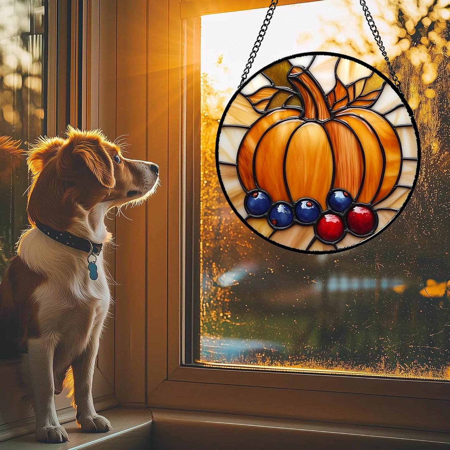 Stained Glass Window Hanging Fall Pumpkin Berries 6.3" - Suncatcher Door Garden Kitchen Sunroom Sun Catcher Autumn Home Decor Birthday for Mom Grandma Men Woman