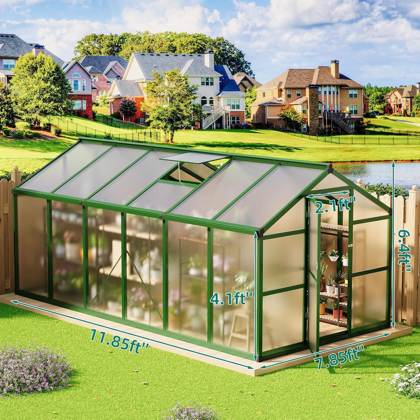 8x12 FT Greenhouse, Large Aluminum Greenhouses for Outdoors, Heavy Duty Polycarbonate Greenhouse with Roof Vent, Walk-in Green Houses for Winter Garden, Backyard, Patio, Lawn, Easy Assembly