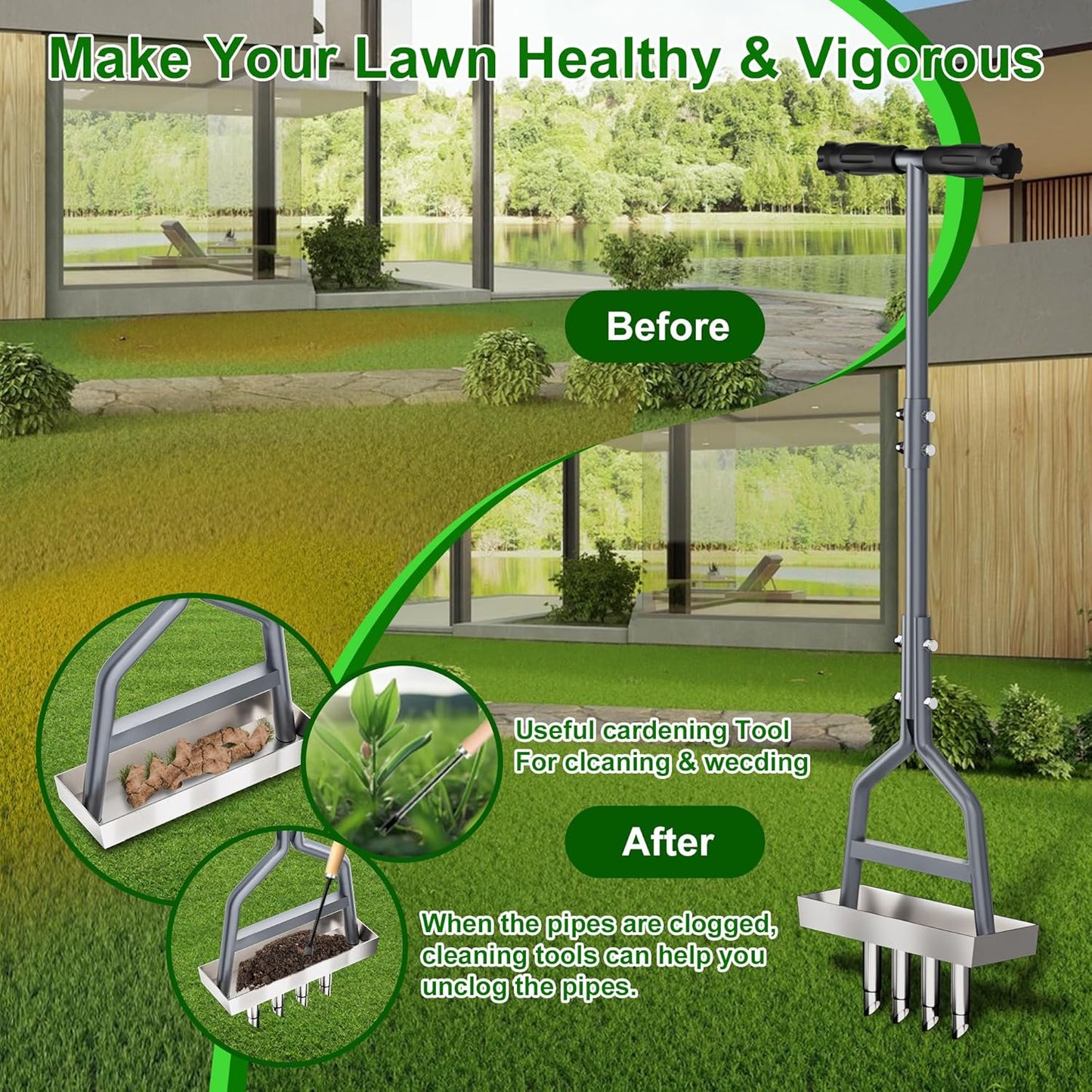 Lawn Coring Aerator, Manual Aerator Lawn Tool, Stainless Steel 4 Core Aerator And Soil Core Storage Tray, Plug Aerator For Garden Tools & Yard tools, For Loosening Soil and Improving Lawn Health