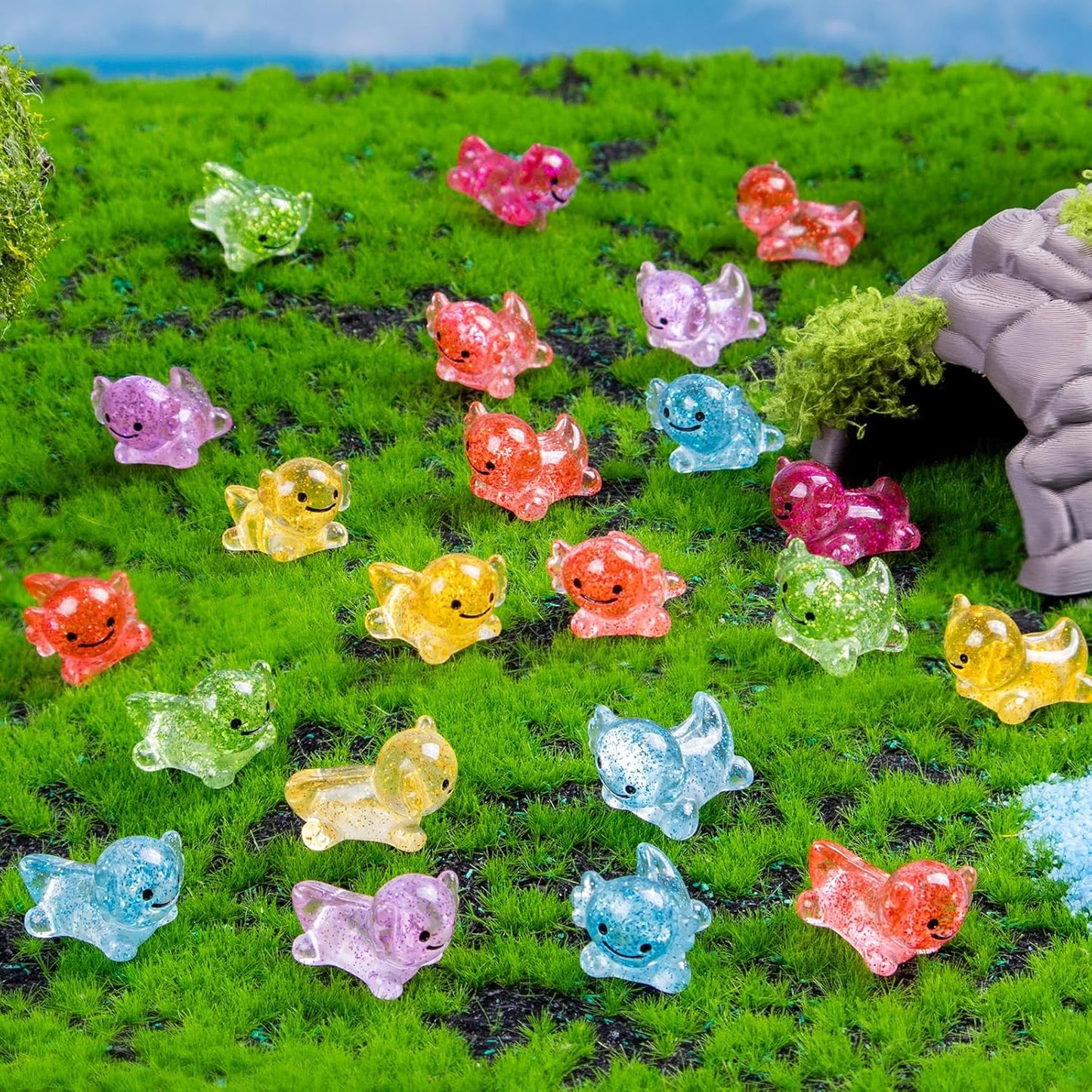 Mini Resin Glitter Axolotl 60 Pcs Variety Tiny Animals Figures Miniature Little Small Salamander Figurines Bulk for Micro Fairy Garden Landscape Accessories Hide Crafts Decor