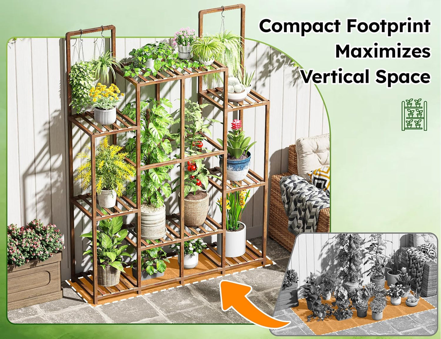 EnHomee Plant Stand Indoor for Multiple Plants Stand Outdoor with 18-22 Potted Double Rod for Hanging Plant Shelf 570 LBS Wood Plants Shelves for Living Room Patio Balcony Yard Garden 56''W×11.6''D×47''H