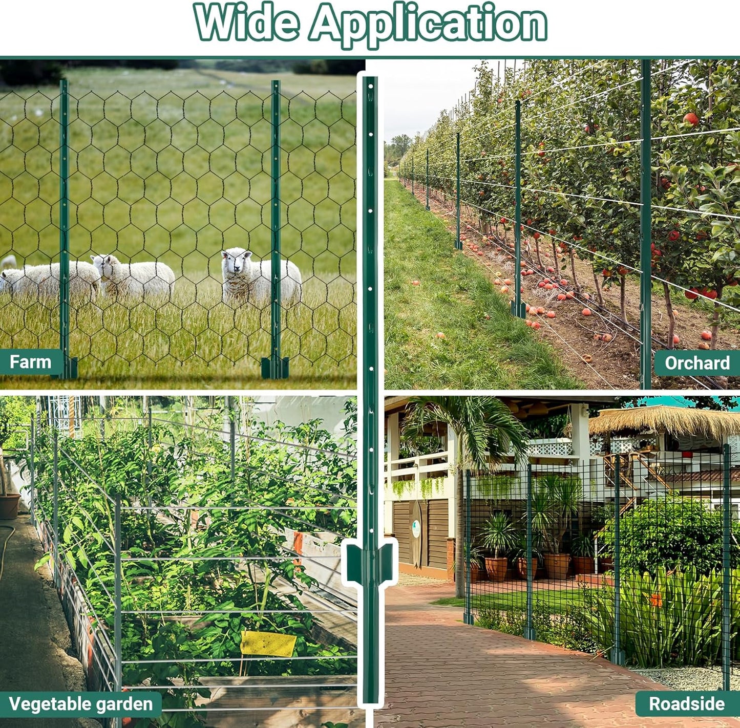 Fence Posts 4 Ft - 8 Pack, Heavy Duty Metal Fence Post, No Dig U Post for Farm, Garden, Orchard and Outdoor Wire Fencing (Green)