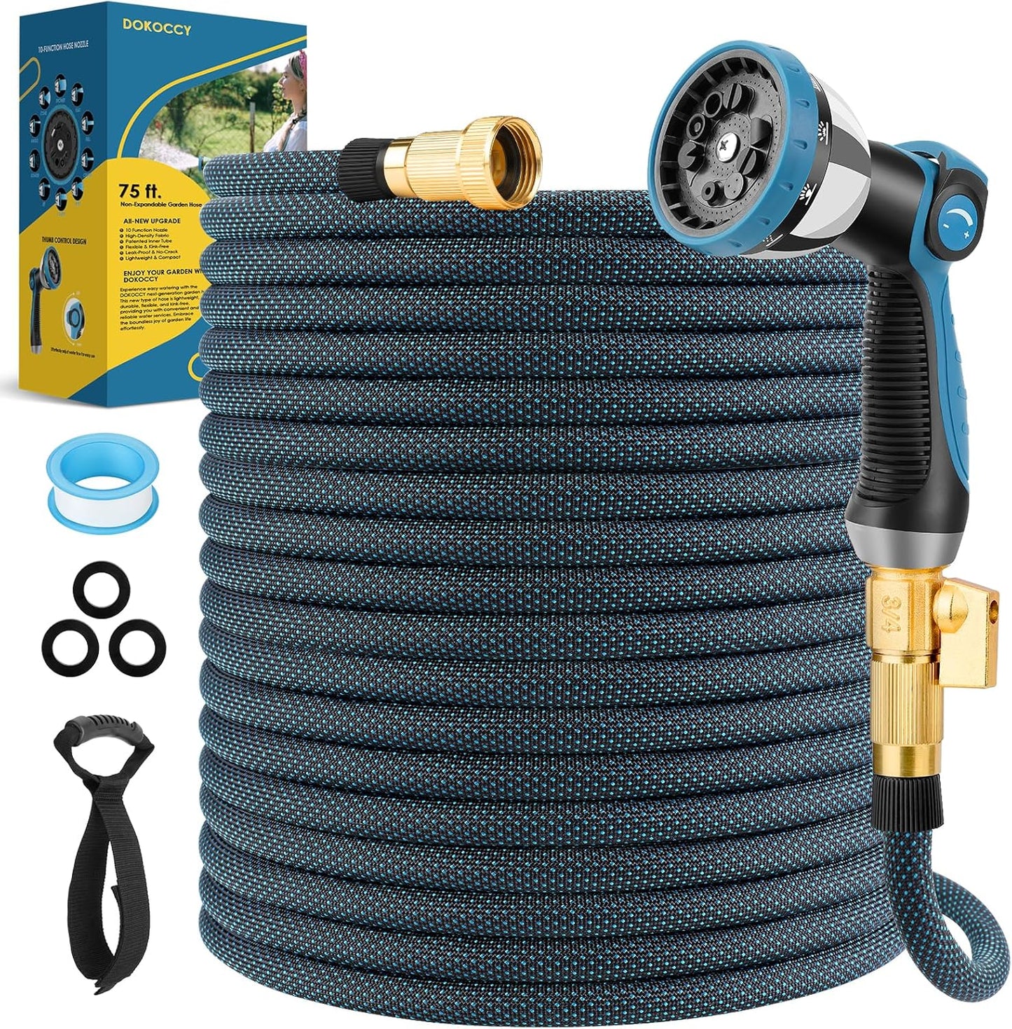 Non-Expanding Garden Hose 75 ft, Flexible Water Hose with 10 Function Spray Nozzle, Lightweight Hose Pipe, Leak-Proof, Durable, Kink-Resistant, 3/4 Inch Connector, Portable Storage Strap