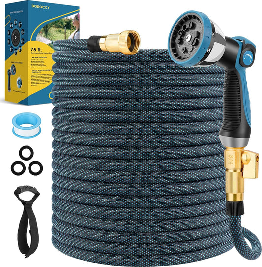 Non-Expanding Garden Hose 75 ft, Flexible Water Hose with 10 Function Spray Nozzle, Lightweight Hose Pipe, Leak-Proof, Durable, Kink-Resistant, 3/4 Inch Connector, Portable Storage Strap