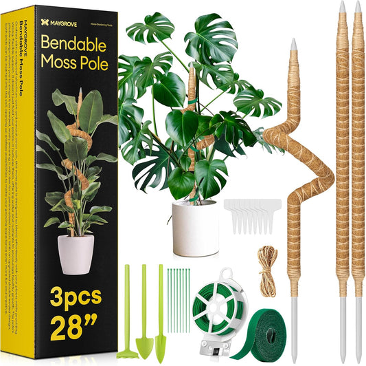 3-Pack 28” Bendable Moss Pole Monstera Plant Support for Climbing Indoors Plants, Coir Moss Poles Sticks DIY, Plant Support Stake for Potted Plants