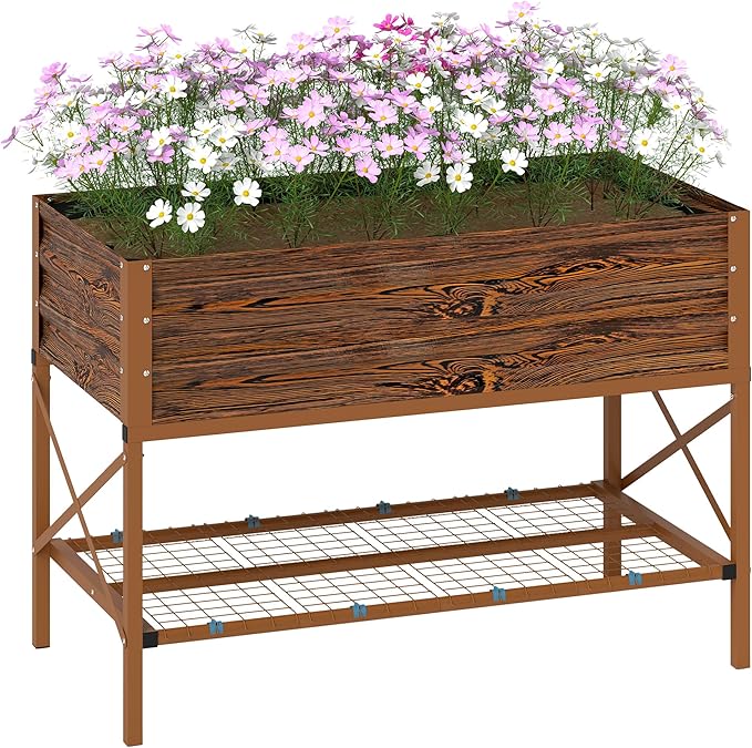 Outsunny Raised Garden Bed with Galvanized Steel Frame, Storage Shelf and Bed Liner, Elevated Planter Box with Legs for Vegetables, Flowers, Herbs, Dark Brown