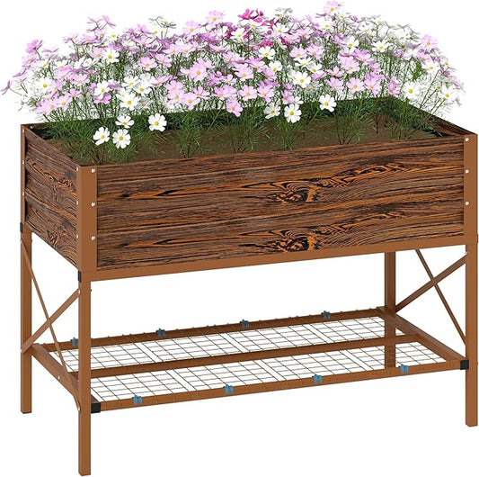 Outsunny Raised Garden Bed with Galvanized Steel Frame, Storage Shelf and Bed Liner, Elevated Planter Box with Legs for Vegetables, Flowers, Herbs, Dark Brown