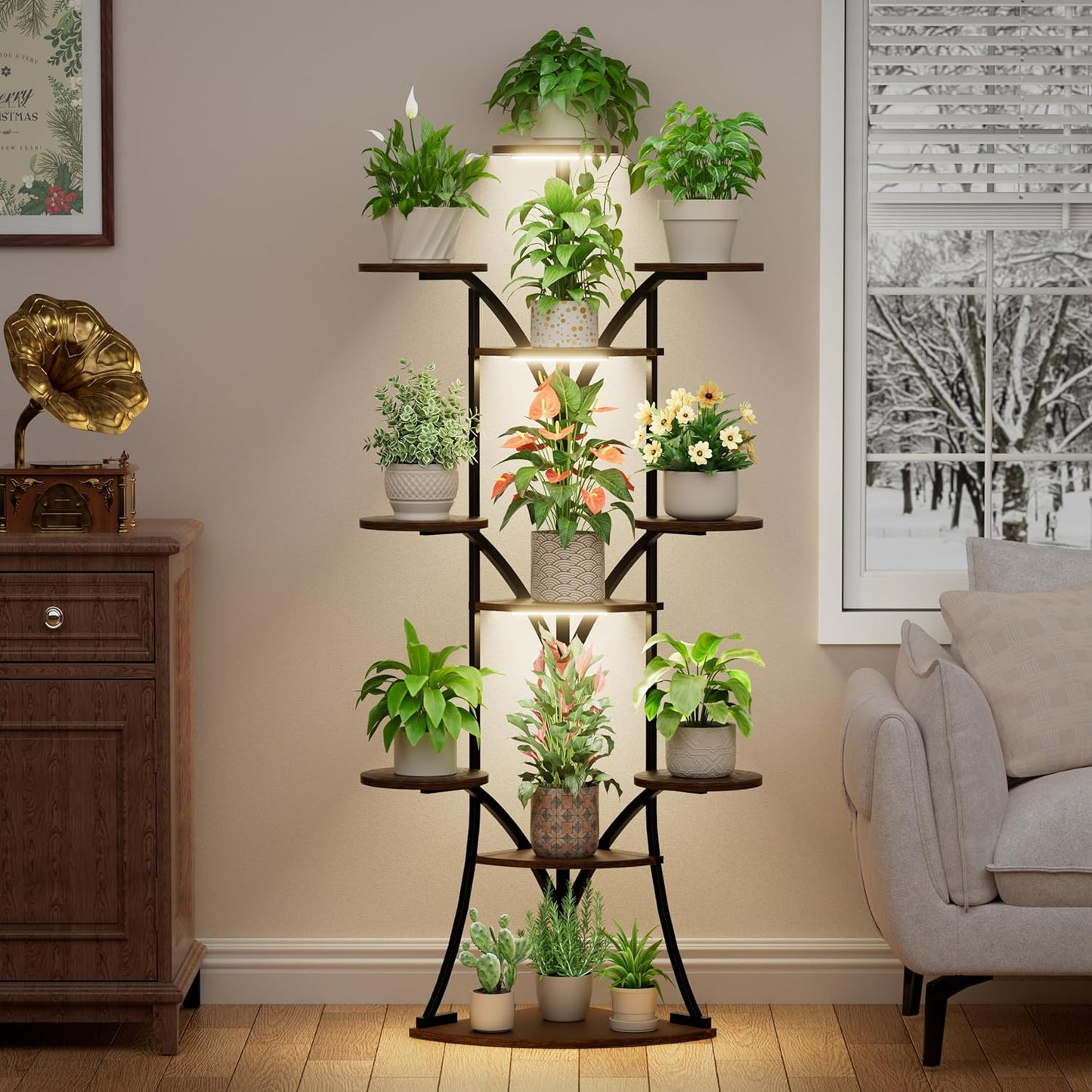 Plant Stand Indoor with Grow Lights-63'' Tall Plant Shelf, Corner Plant Stands for Indoor Growing, Tiered Plant Shelves Large Flower Holder for Indoor Plants, V-Shaped Decorative Rack for Home, Black