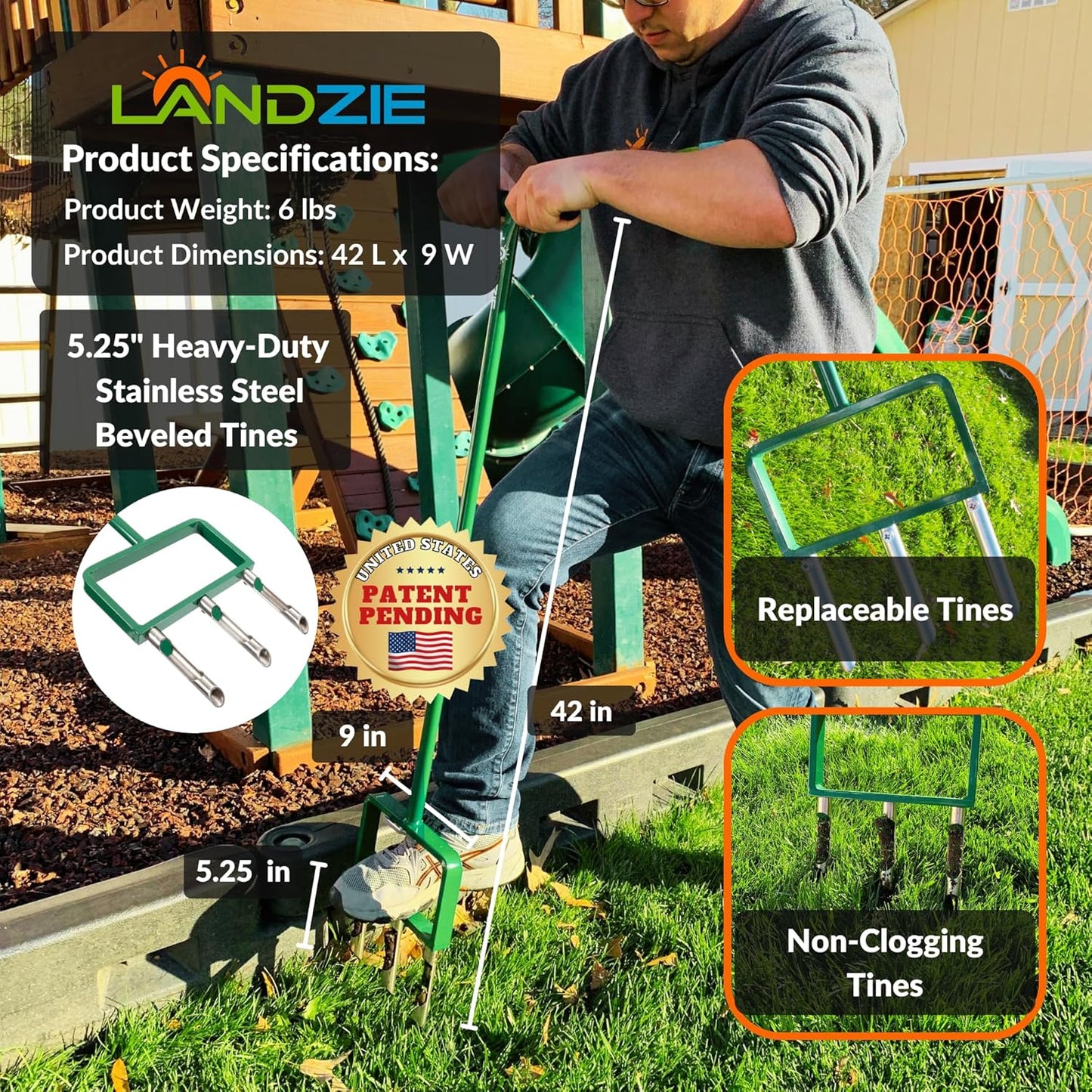 Landzie - The Original Hollow and Spike Tine Lawn Aerator Set - Includes 1 Aerator + Set of 3 Hollow Tines and 3 Spike Tines - 42 Inch Manual Stainless Steel Gardening Hand Tool