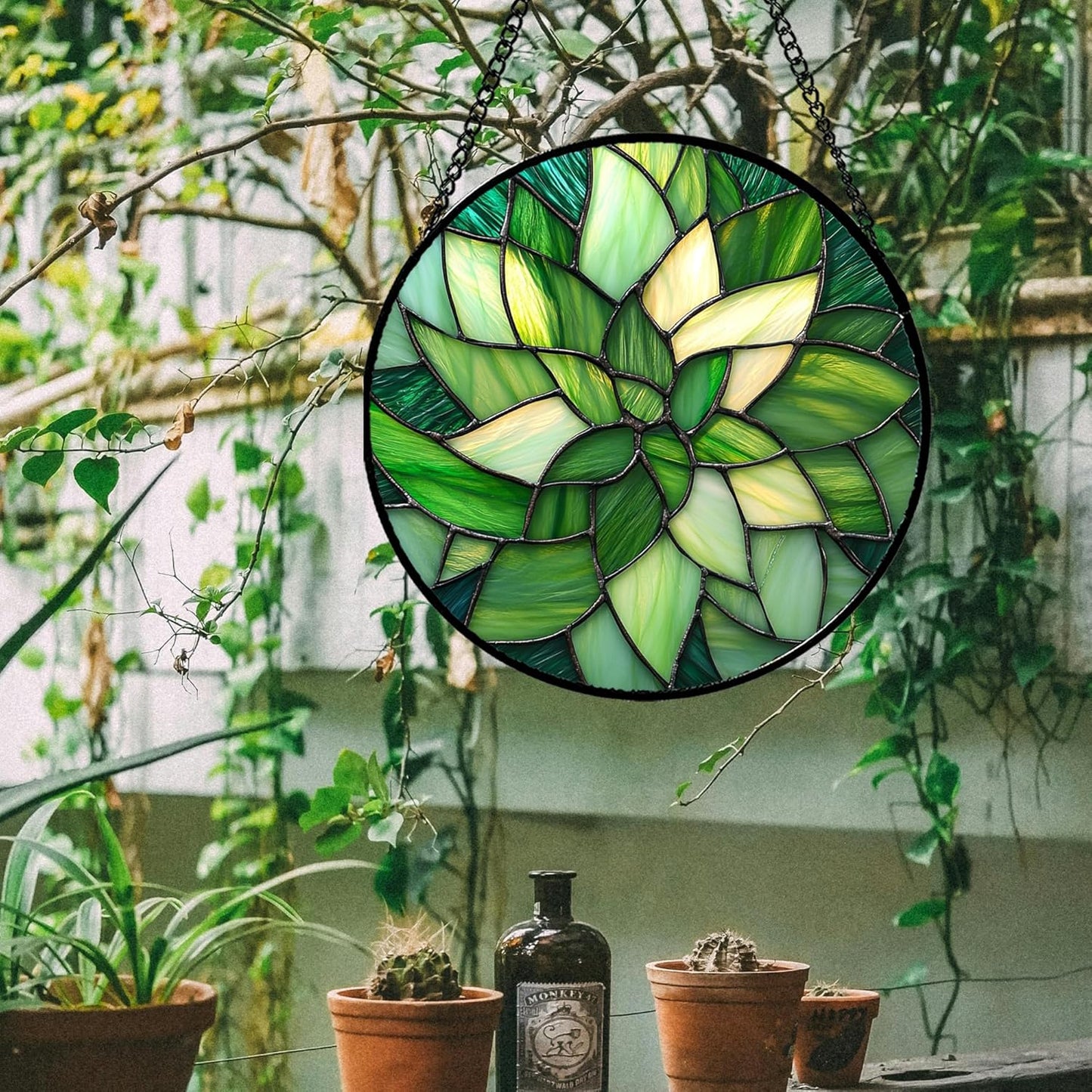 Stained Glass Window Hanging - Green Plants Suncatcher for Doors Garden Patio Flowers Sun Catchers Decor Christmas Mother's Day Birthday Gifts for Women Men Mom Nana Friend 9.8 in