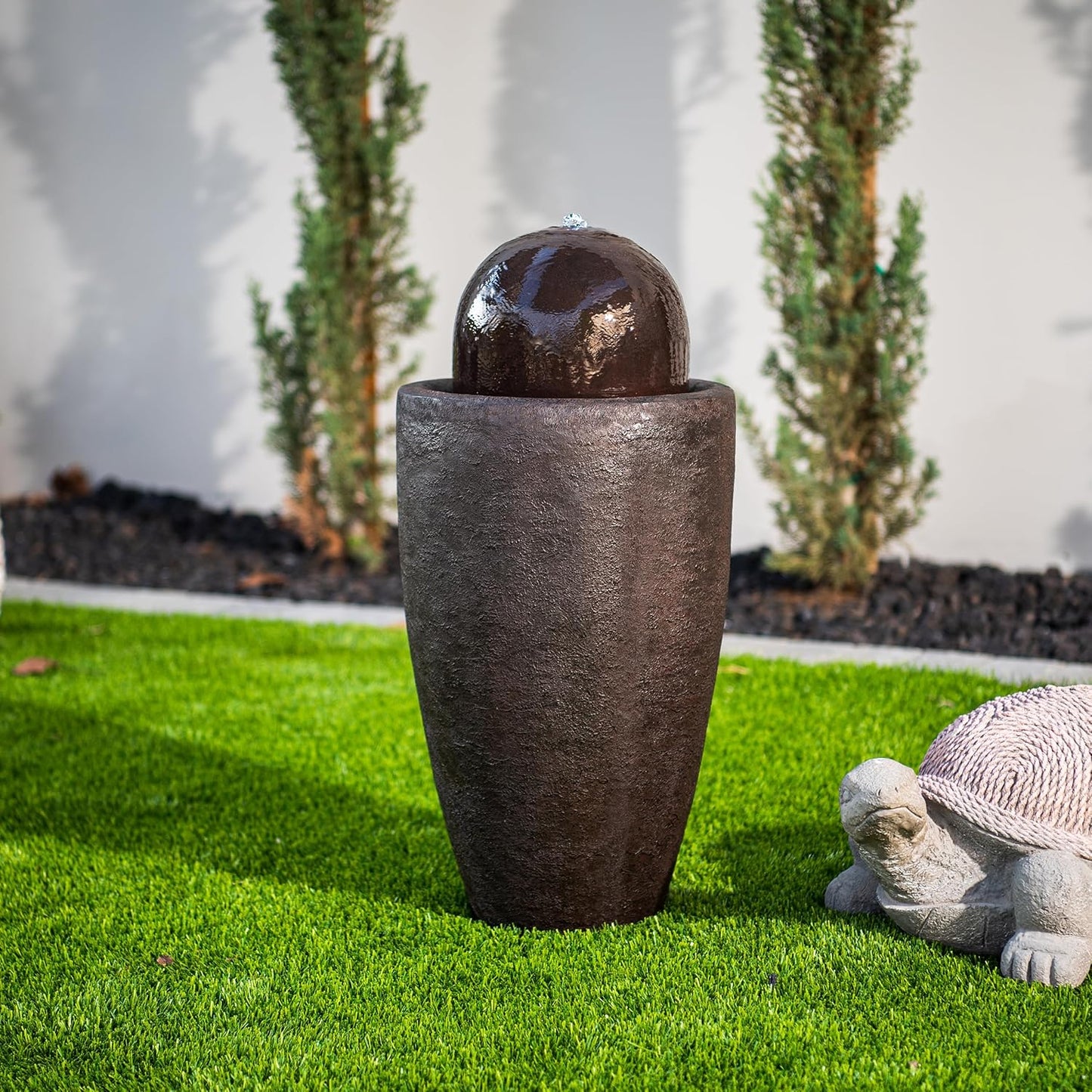 XBrand 25.98" H Round Stone Indoor/Outdoor Modern Stone Textured Sphere Water Fountain w/LED Lights, Brown