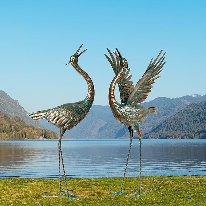 chisheen Crane Garden Statues Outdoor Metal Heron Yard Art Crane for Garden Sculptures Patio Lawn Ornaments,Set of 2