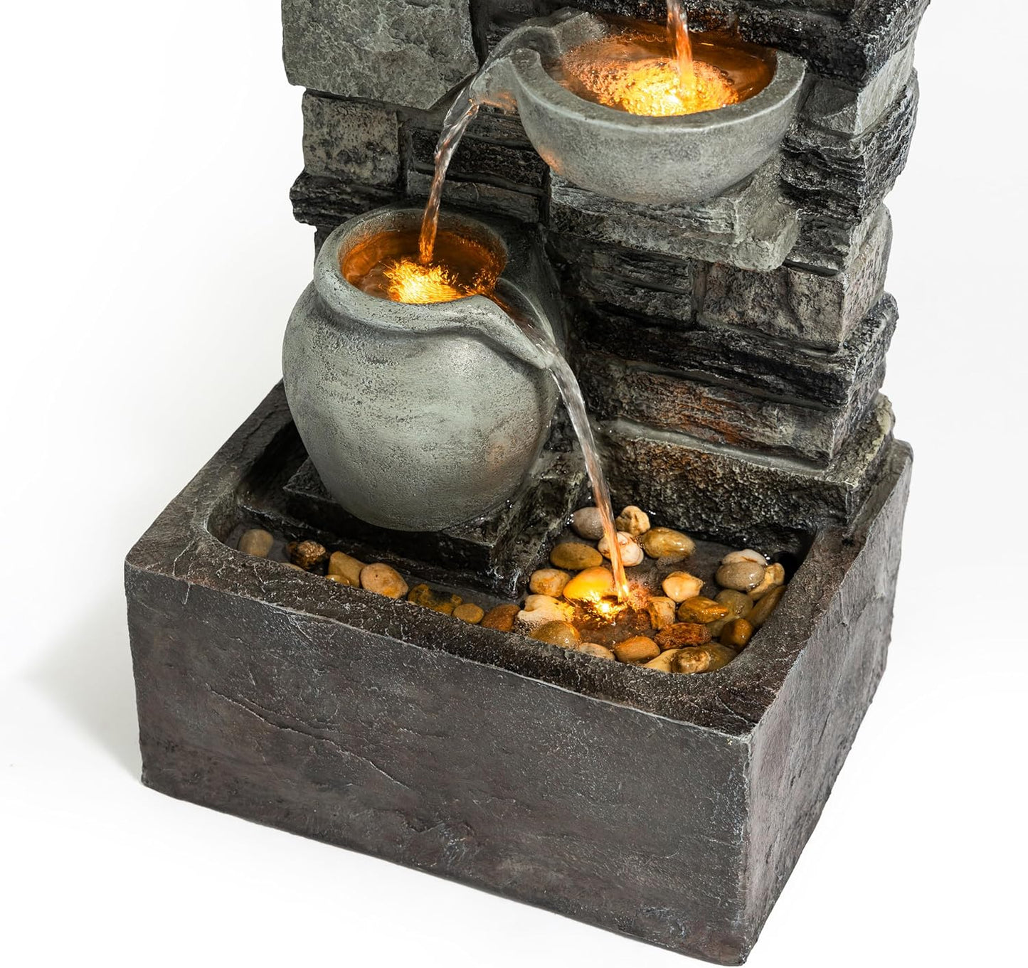 Teamson Home 28.5" Outdoor 4-Tier Stacked Stone Cascading Water Fountain with LED Lights, Gray