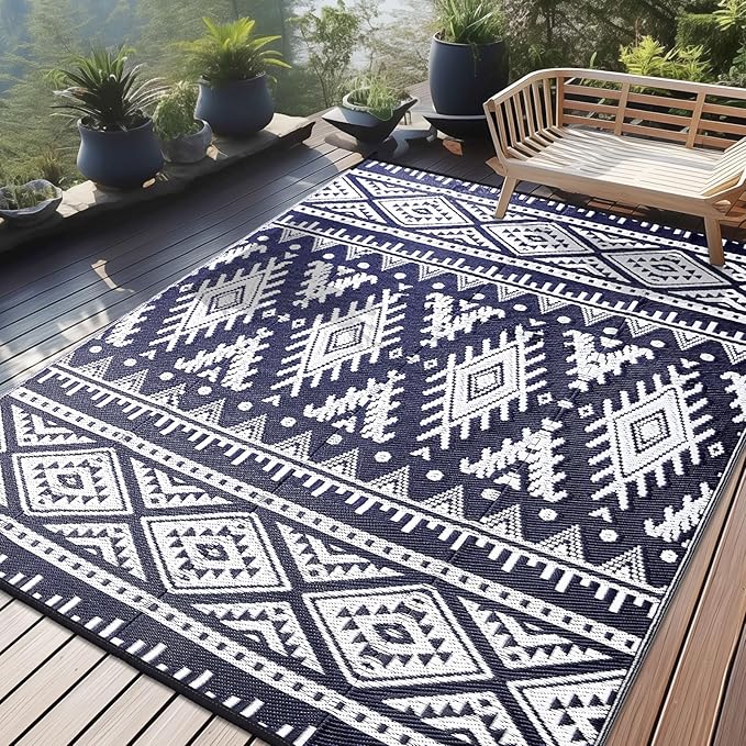 OLANLY Outdoor Rug Waterproof 8x10 ft, Reversible Outdoor Plastic Straw Rug, Boho Patio Rug, Indoor Outdoor Carpet, RV Mat Outside for Patio, Camp, Picnic, Balcony, Deck, Backyard, Navy & White