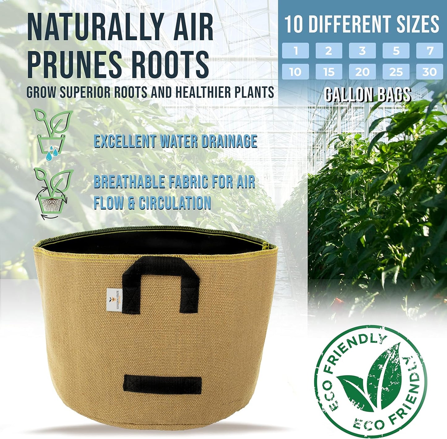 Grow Bags: 5-Pack (Size: 20 Gallon): Thick Jute Material + Inside Felt Fabric Liner, w/Yellow Stitch. Very Biodegradable and eco-Friendly Material. (Handles + Dumping Handles-pat.Pend).