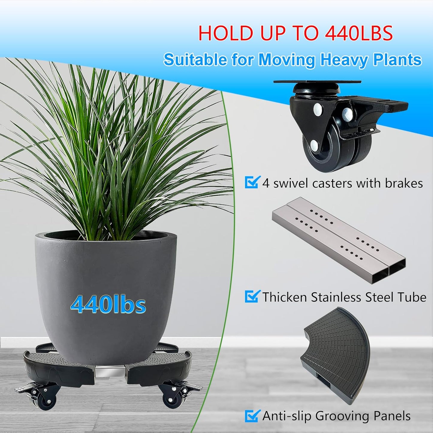 CASIMR Plant Stand with Wheels, 2 Pack Adjustable 15-20" Heavy Duty Plant Caddy with Casters, Indoor Outdoor Large Potted Planter Cart Dolly, Rolling Plant Stand for Flower Pot, 440lb Capacity