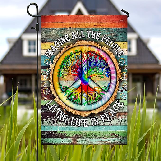 FLAGWIX American Flag, Peace Sign Hippie Flag, Imagine All The People Living Life In Peace - 4th of July Decorations, Garden Flag 12x18 - USA Flags Premium Polyester, Decorative Indoor Outdoor Flag