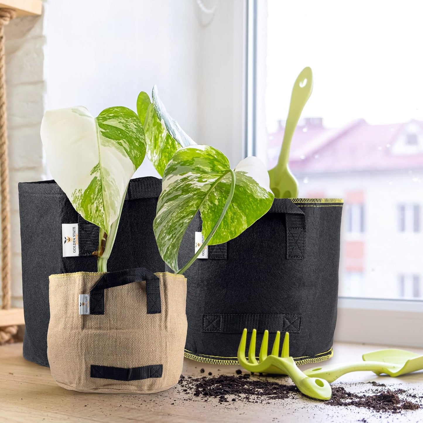 Grow Bags: 5-Pack (Size: 5 Gallon): 300gsm Black Felt Fabric w/Yellow Stitch, Biodegradable and eco-Friendly Material. (Handles + Dumping Handles-pat.Pend).