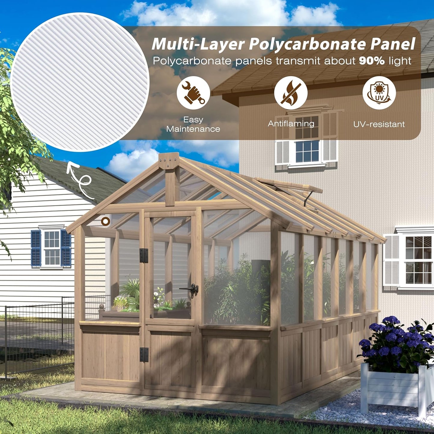 BlueWish 6x12FT Greenhouse, Wood Greenhouses with 6MM Thick Polycarbonate, Adjustable Vent, Cedar Frame, Greenhouse for Outside, Garden, Backyard,Light Brown Mocha