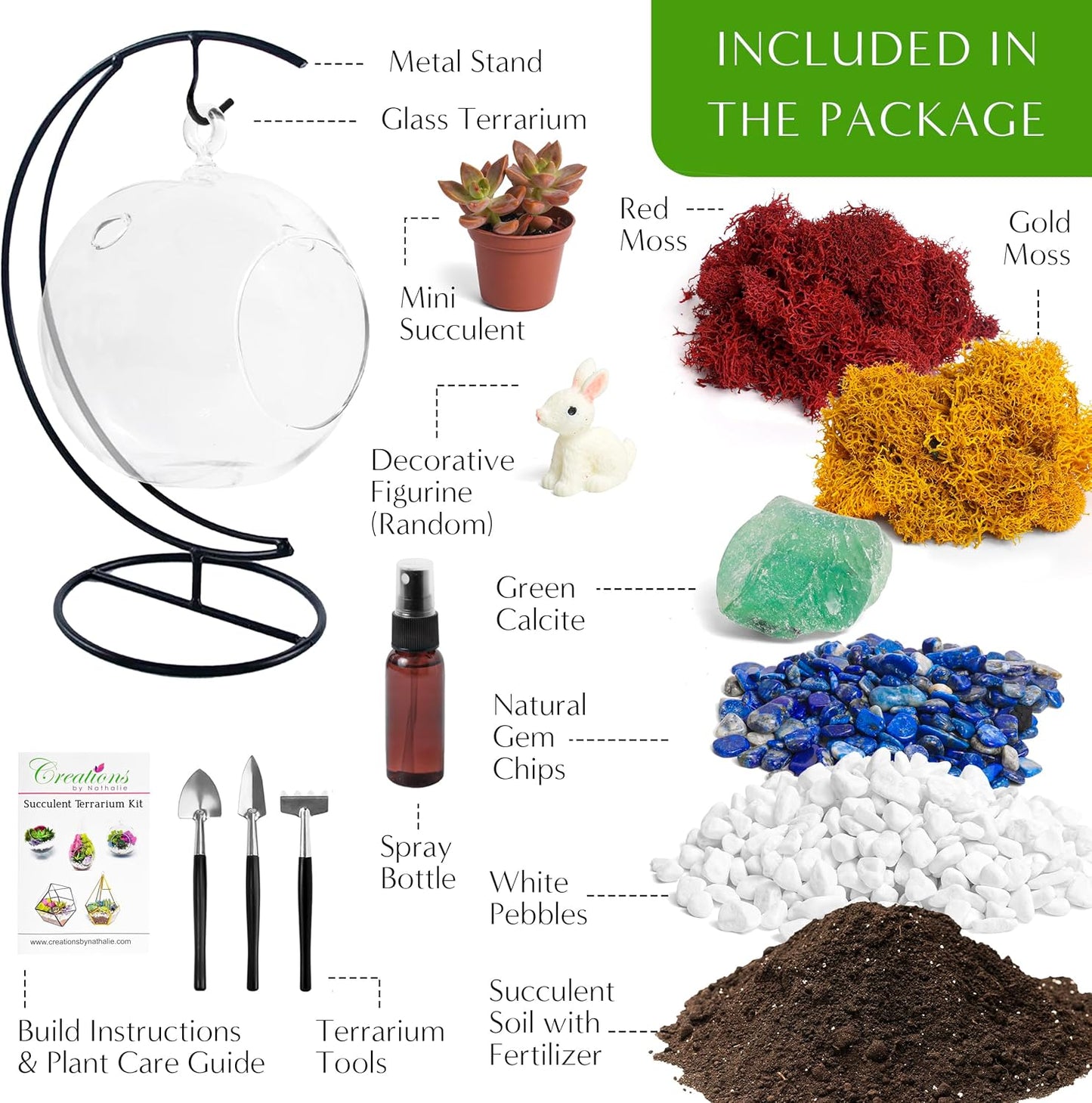 5" Glass Globe Succulent Terrarium Kit, Hanging DIY Starter Kit for Kids and Adult, Metal Stand, Reindeer Moss, Crystal & Rocks, Tools, Figurine (Live Plant Included)