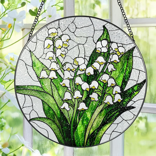 Lily of The Valley Flower Stained Glass Suncatcher, Stained Glass Window Hanging, 8 Inch Green Plants Suncatcher Decor, Gifts for Mother's Day, Mom Gift, Grandma Gift, Gifts Idea