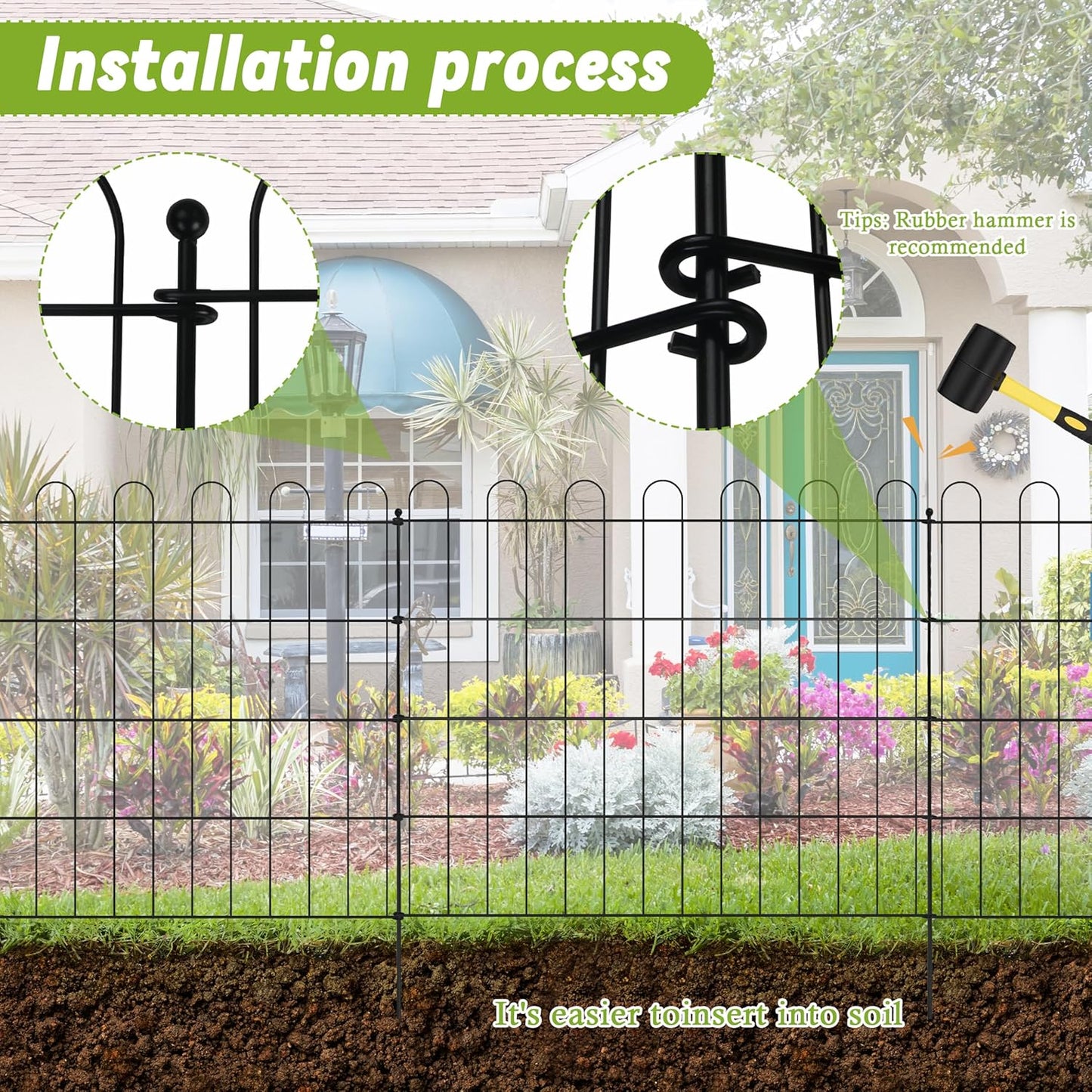 Sunnyglade 10 Panels No Dig Decorative Outdoor Garden Fence for Yard, 24in(H) X 25 ft(L) Animal Barrier Fencing Rustproof Metal Wire Panel Border for Dog, Rabbits or Any Small-Bodied Animal