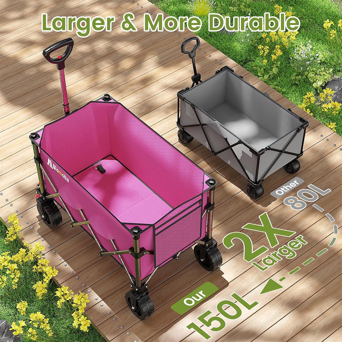 Collapsible Wagon Cart, 150L Heavy Duty Foldable Beach Wagon with Wider Wheels & Auto-Rebound Handle, Utility Grocery Shopping Cart for Garden, Shopping, Camping, Sports, Pink