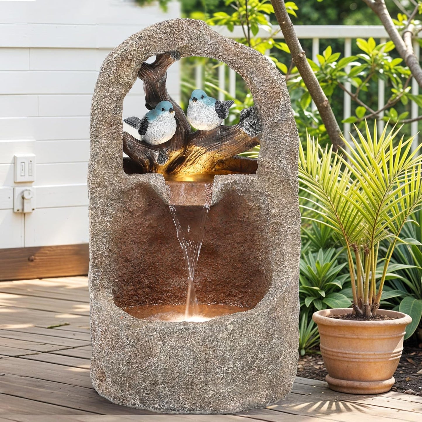 27" 2-Tier Bird Outdoor Water Fountain with Lights, Natural Zen Garden Fountain, Relaxing Waterfall Floor, Yard, Porch or Deck Decor, Whether-Resistant, Faux Granite Texture