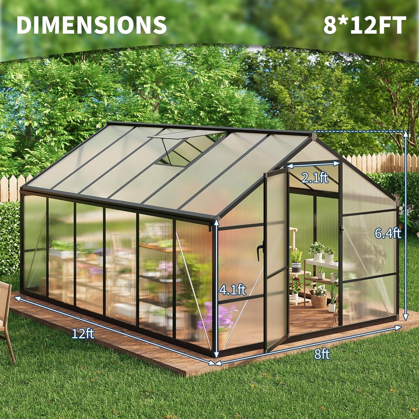 8 x 12 FT Greenhouse, Greenhouses for Outside, Polycarbonate Greenhouse with Aluminum Frame, Lockable Door and Ajustable Roof Vent for Backyard, Green Houses for Outside Garden Backyard, Patio