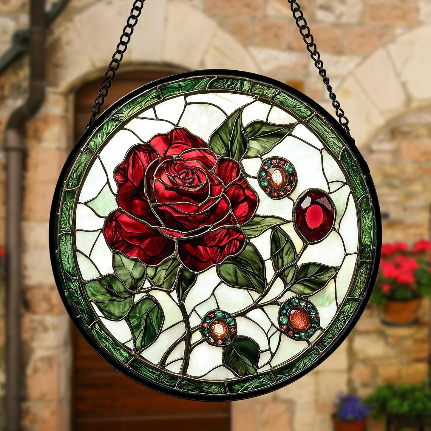 Stained Glass Window Hanging, Red Rose Gemstone Green Sun Catchers Diamond Glass Panel Hangings Suncatcher Decor for Birthday for Women, Men, Wife, Aunt, and Mom 9.8 in