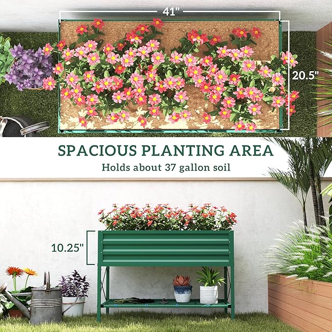 Outsunny Raised Garden Bed with Galvanized Steel Frame, Storage Shelf and Bed Liner, Elevated Planter Box with Legs for Vegetables, Flowers, Herbs, Green