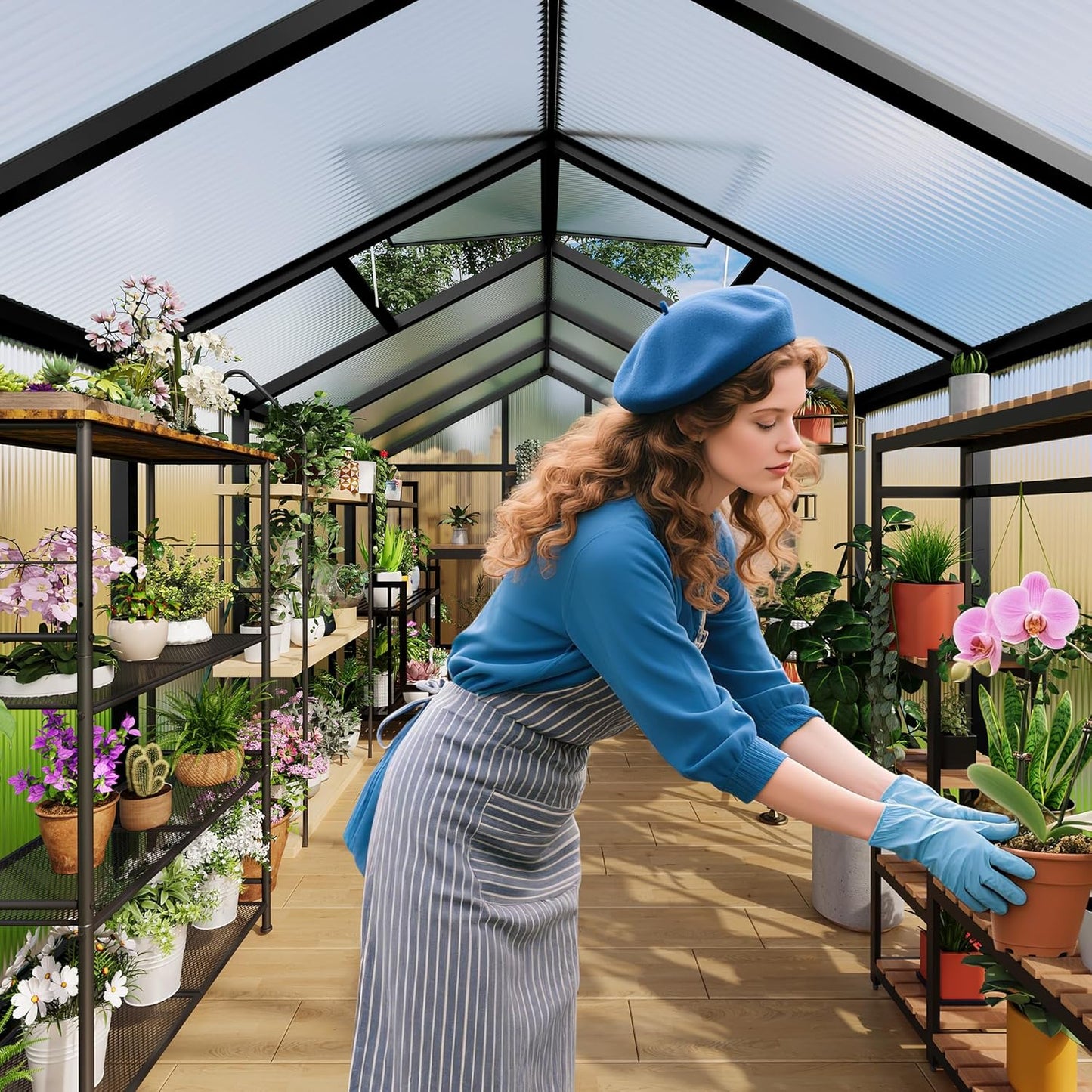 8x12 FT Greenhouse for Outdoors, Polycarbonate Flower Greenhouse with Roof Vent, Push-Pull Lockable Door, Aluminum Walk-in Greenhouses for Outside Garden Backyard, Patio, Lawn, Black