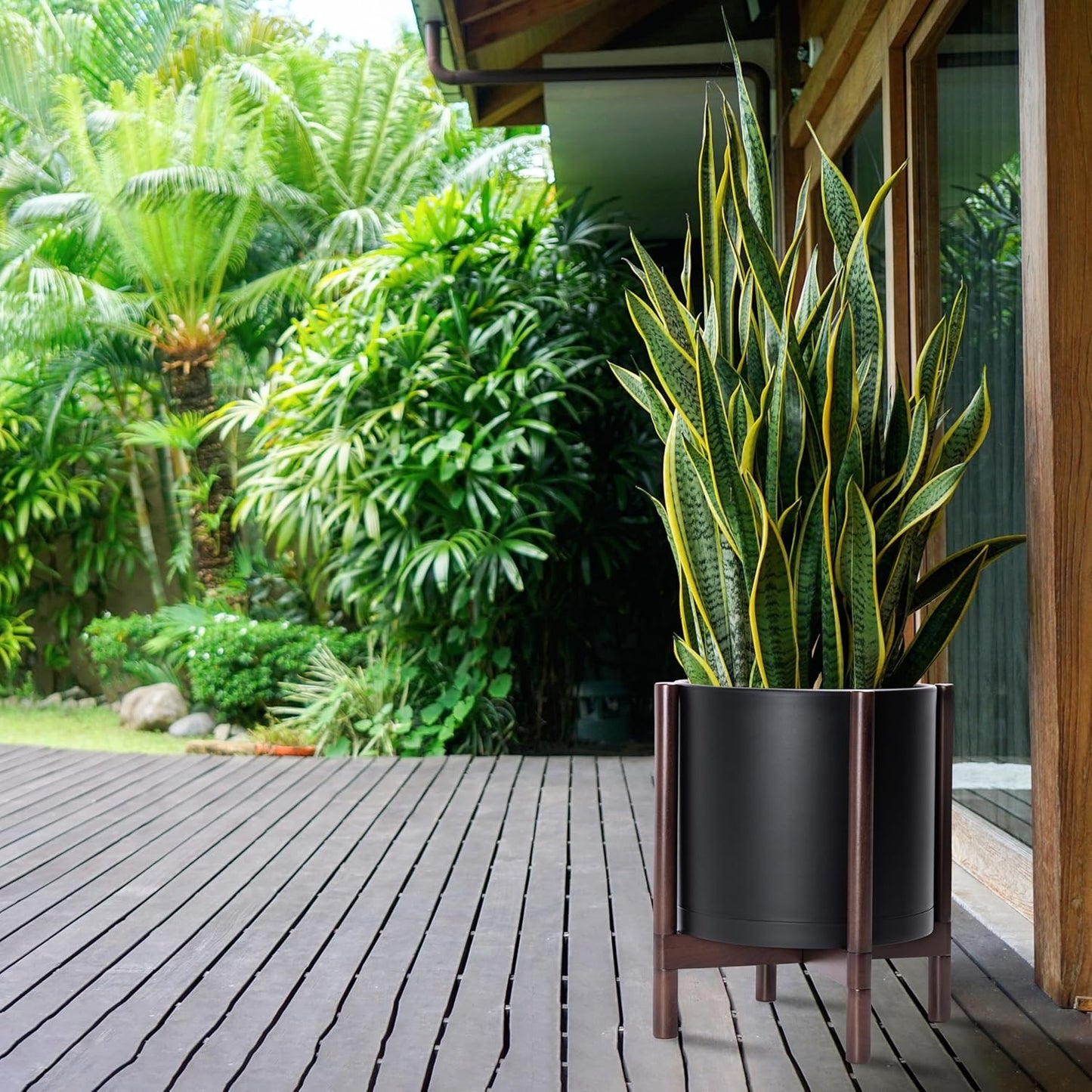 D'vine Dev Planter Pot with Stand - 14 Inch Plastic Cylinder Flower Pot with Wood Planter Holder for Indoor, Matte Black Pot + Walnut Color Stand, 55-C-R-2