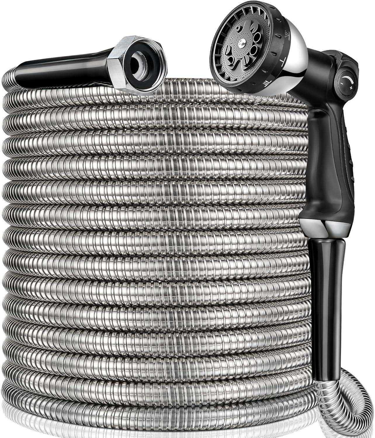 50 ft Garden Hsoe - 2025 New 304 Stainless Steel Garden Hose with 10-Function Spray Gun, 3/4'' Copper-Chrome Fittings – Lightweight, Durable, and Kink-Free, Metal Water Hoses for Gardening