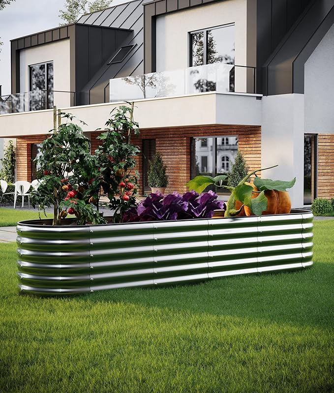 Large Raised Garden Bed Galvanized Metal Round Raised Garden Bed Outdoor for Gardening，8x2x1FT for Vegetables Flowers Ground Planter Box