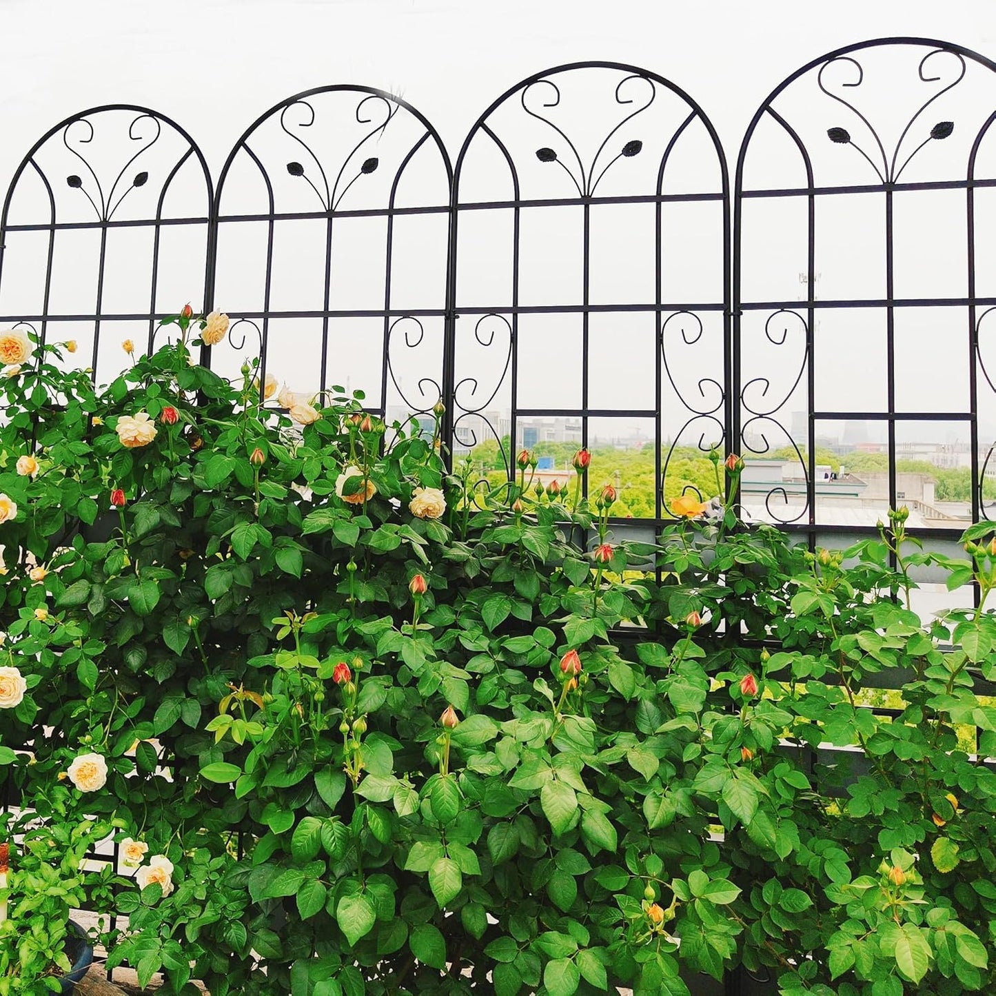 4 Pack Metal Garden Trellis for Climbing Plants, 86.7" Tall Rustproof Outdoor Trellis Panel with Vine Lines Design, Decorative Black Iron Plant Support for Vine, Rose, Flower, Garden Wall