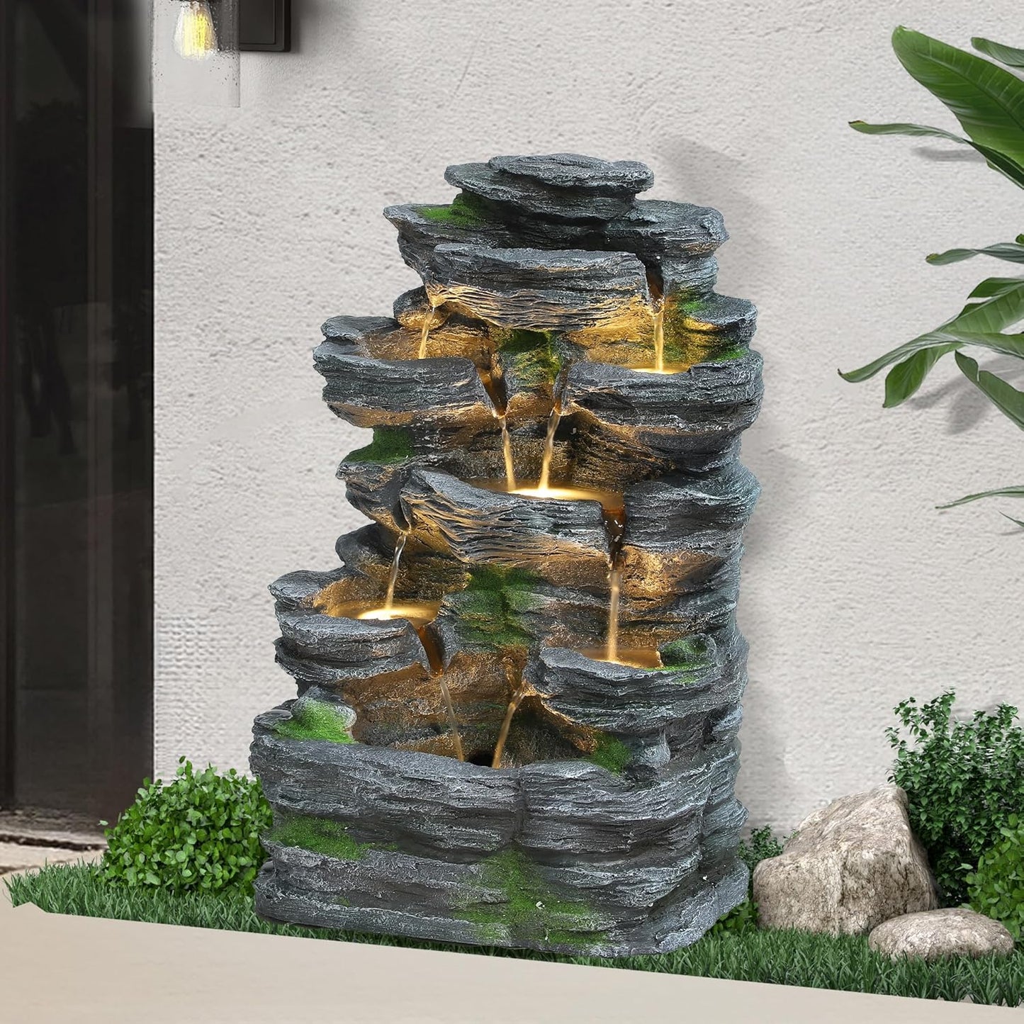 Cascading Rock Water Fountain Outdoor - Waterfalls Fountains with LED Lights, Outdoor/Indoor Resin Fountain for Patio, Garden, Backyard, Deck, Porch, Home Art Docor (24" H)