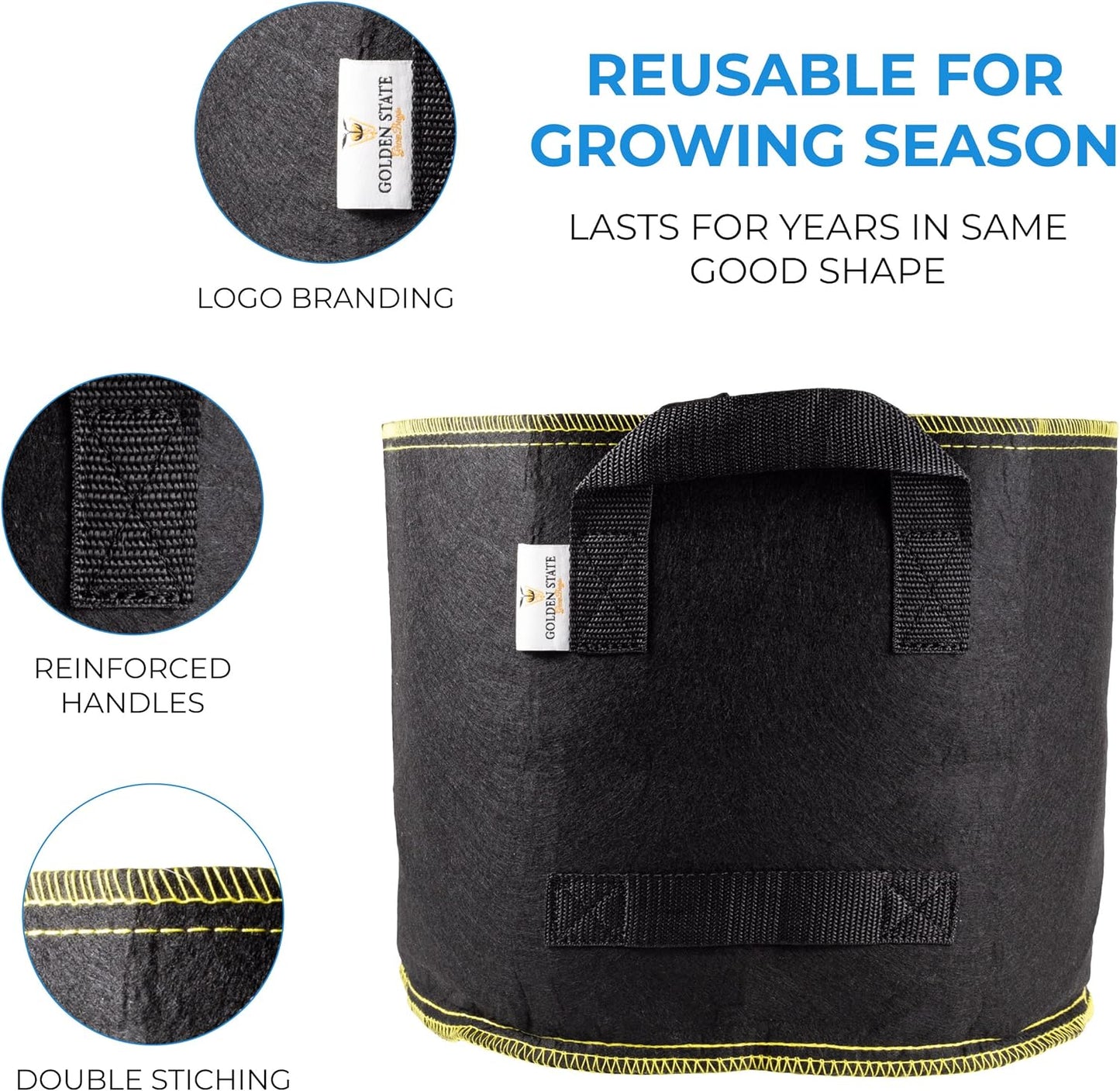 Grow Bags: 5-Pack (Size: 2 Gallon): 300gsm Black Felt Fabric w/Yellow Stitch, Biodegradable and eco-Friendly Material. (Handles + Dumping Handles-pat.Pend).