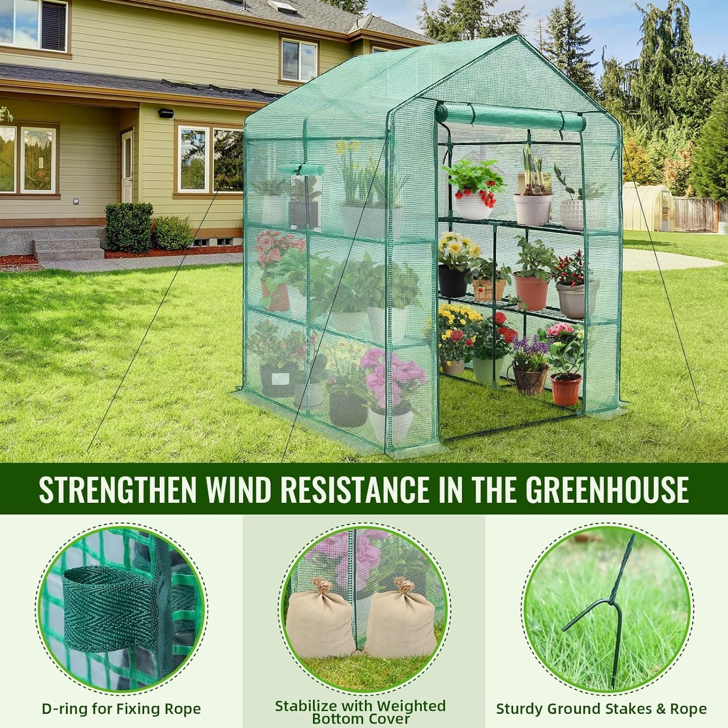 Greengro Greenhouse, 57 x 57 x 76'' Greenhouses for Outdoors, Durable Green House Kit with Window, Thicken PE Cover, 3 Tiers 8 Shelves, Heavy Duty Walk in Green Houses for Indoor Backyard Outside
